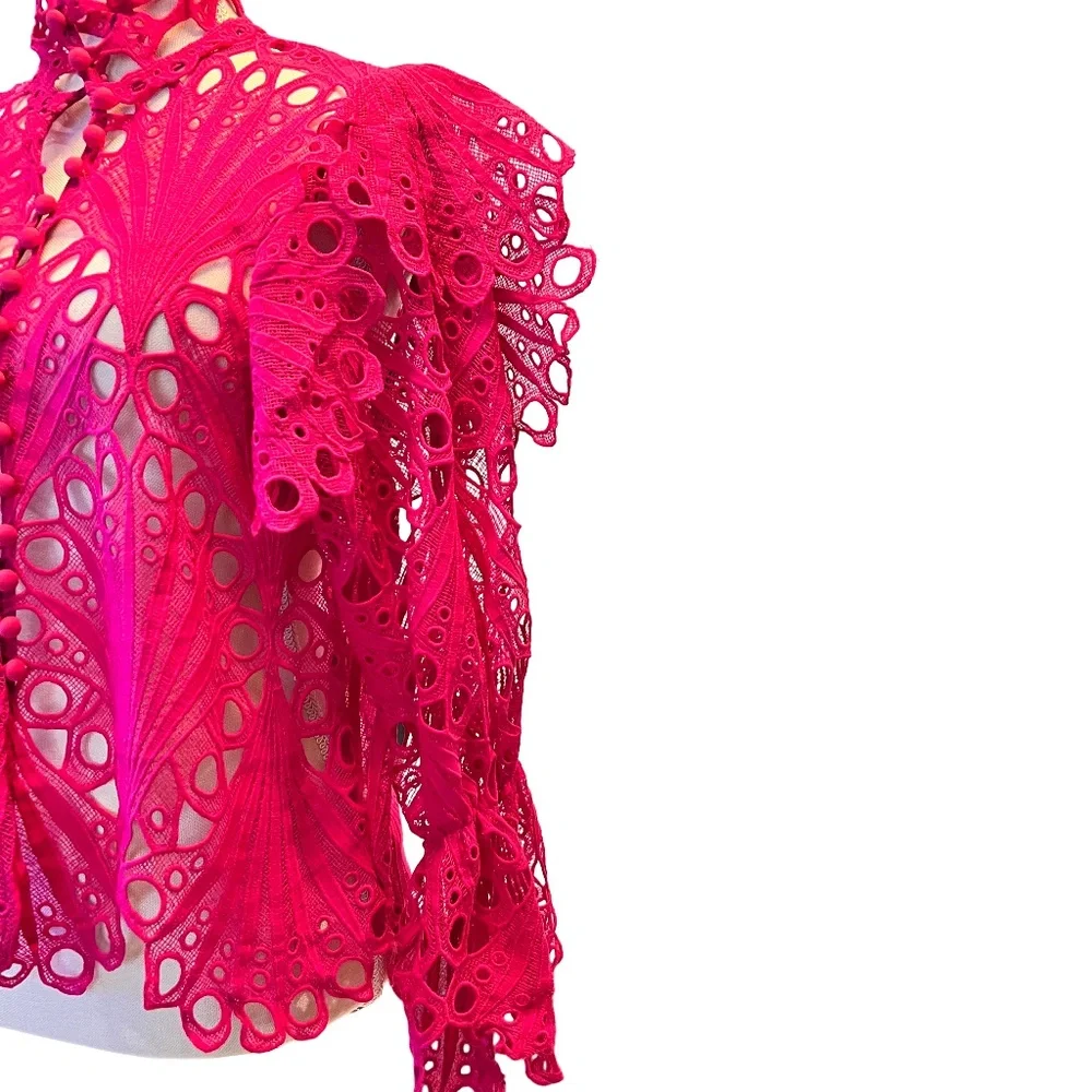 # A077 Nancy Vintage Fuchsia Lace Ruffle Blouse ,  New no tag , Size M